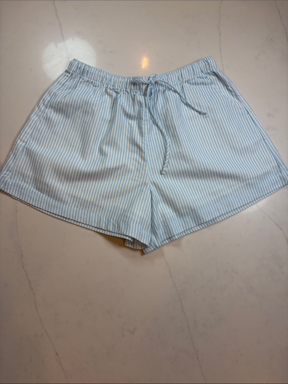 Striped Drawstring Lounge Shorts Light Blue & White